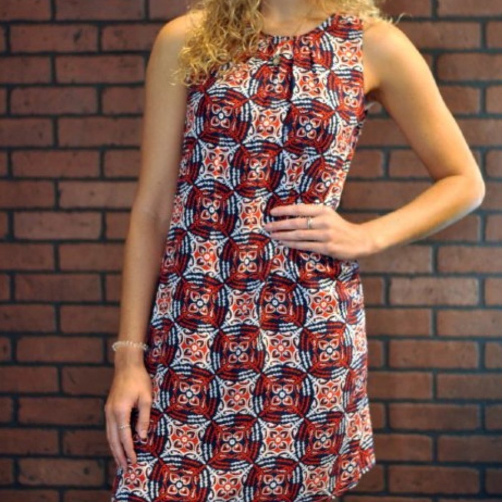 Sarah V-Back Shift Dress - Orange/Navy